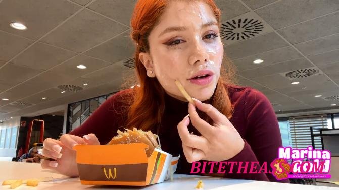 Marina Gold - CUM DRENCHED Teen Eats A Burguer Bukkake [FullHD 1080p]